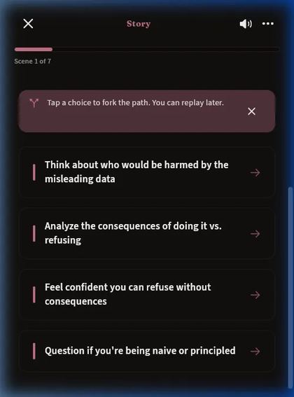AlterPath choice screen in an interactive story