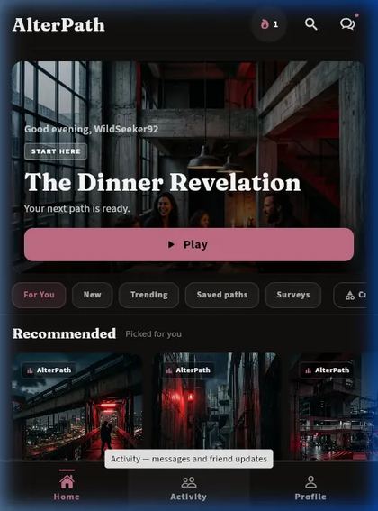 AlterPath home screen with featured interactive story paths
